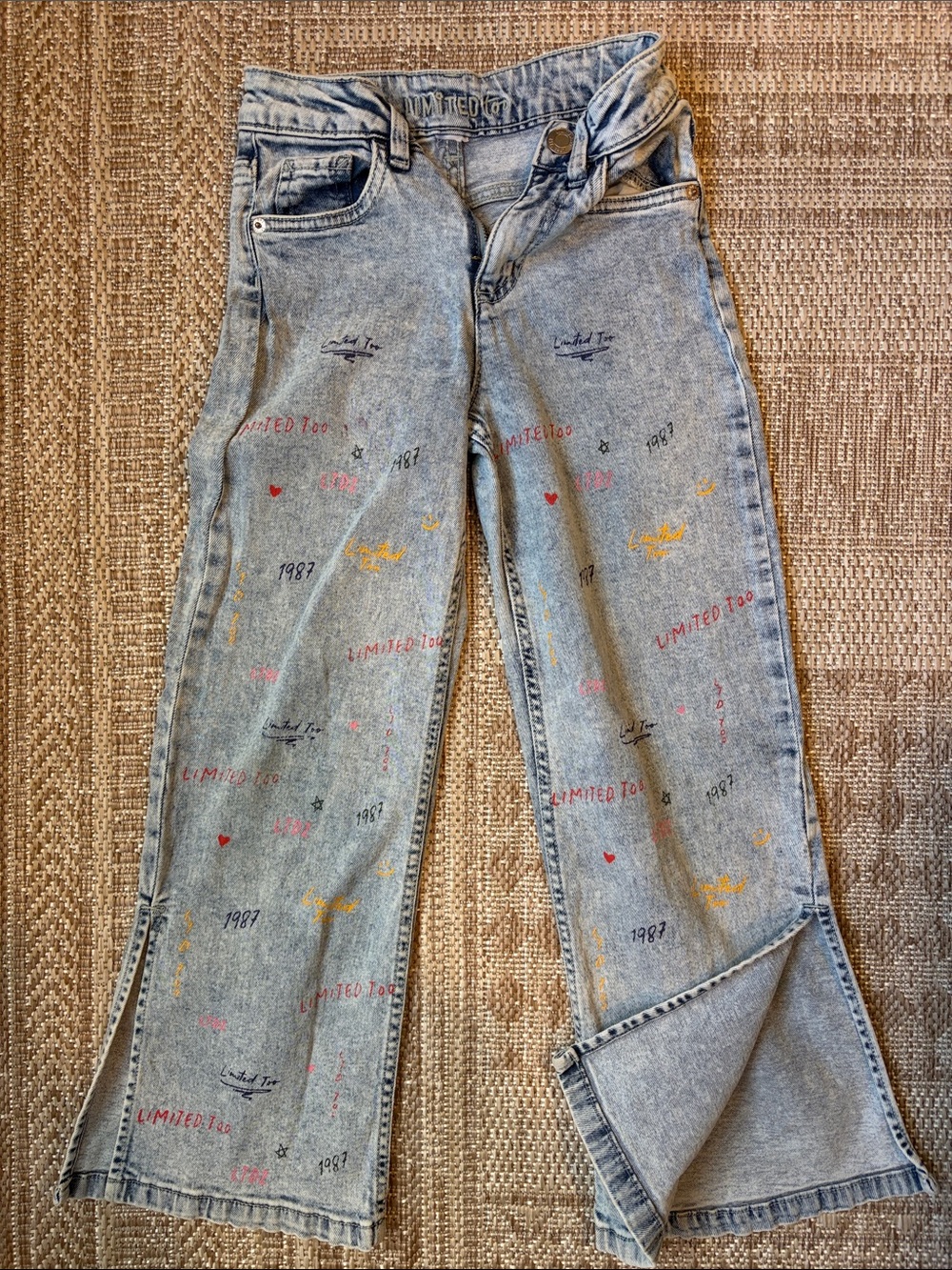 Limited Too Light Wash Embroidered Flare Jeans with Colorful Motifs- girls